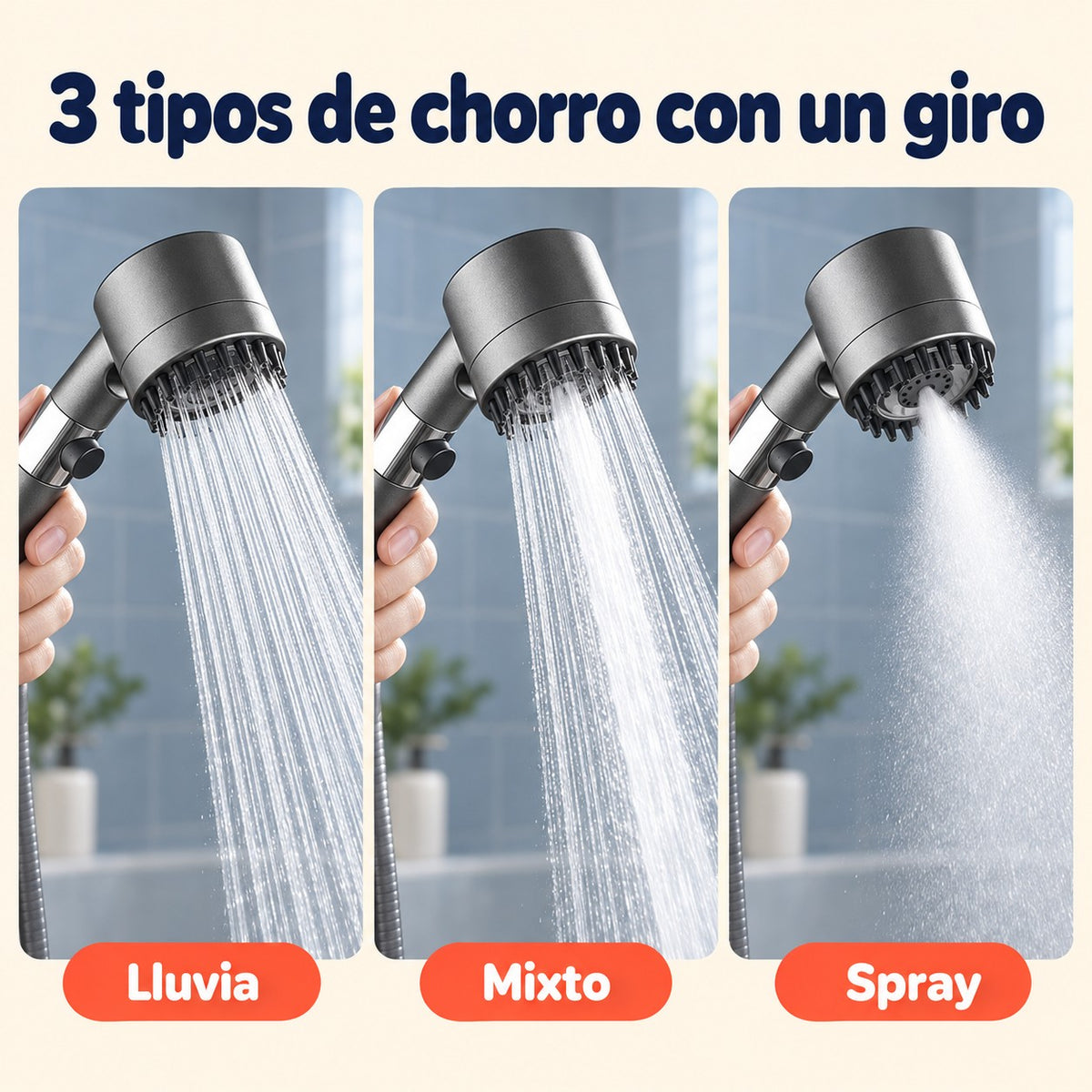 Tres tipos de chorro: lluvia, mixto y spray, que se cambian con un giro (imagen ilustrativa)