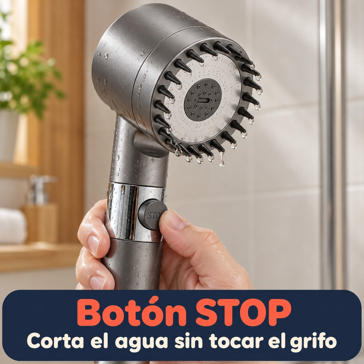 Pulgar pulsando el botón STOP del mango para cortar el agua sin tocar el grifo