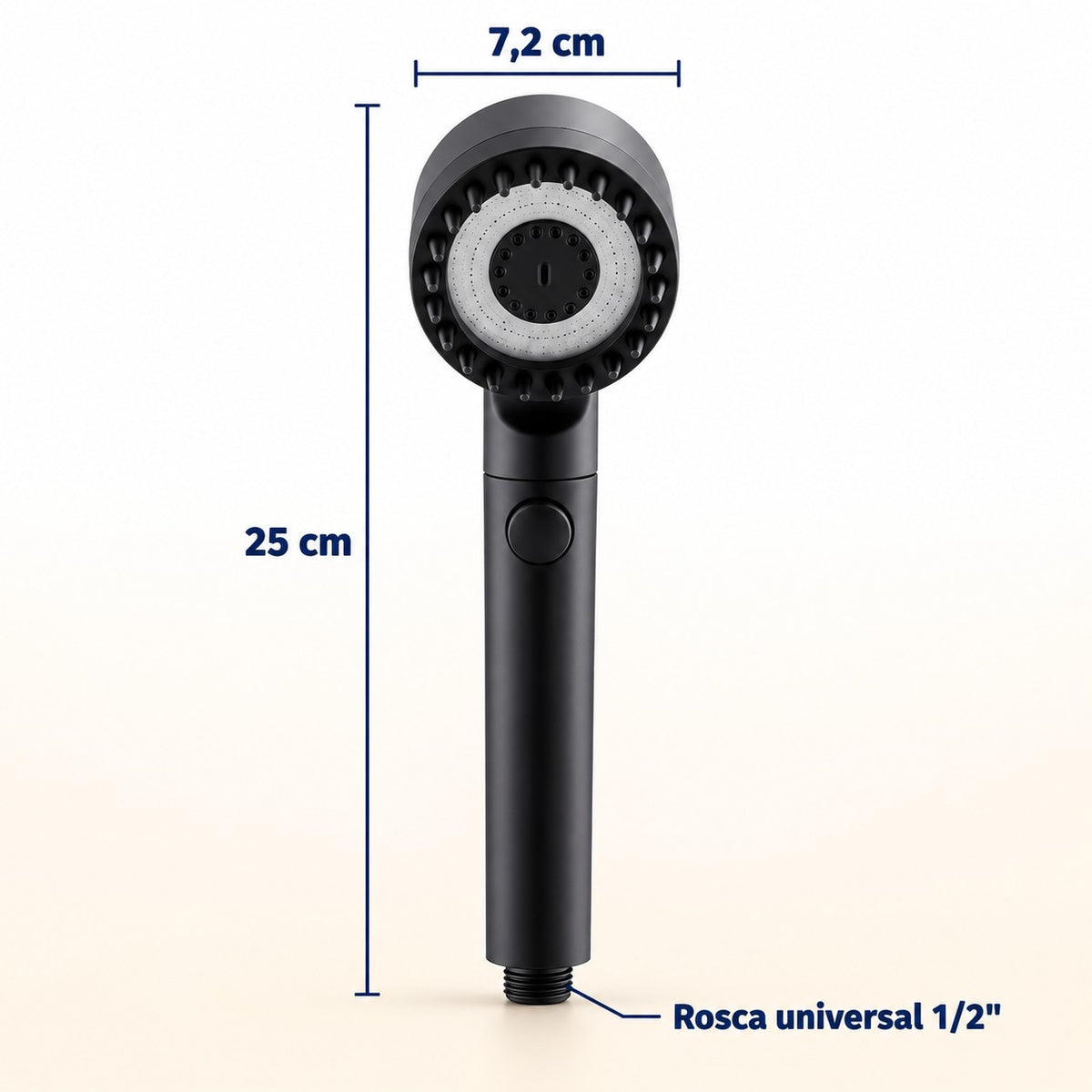 Medidas de la alcachofa: 25 cm de largo, 7,2 cm de cabezal y rosca universal de 1/2 pulgada