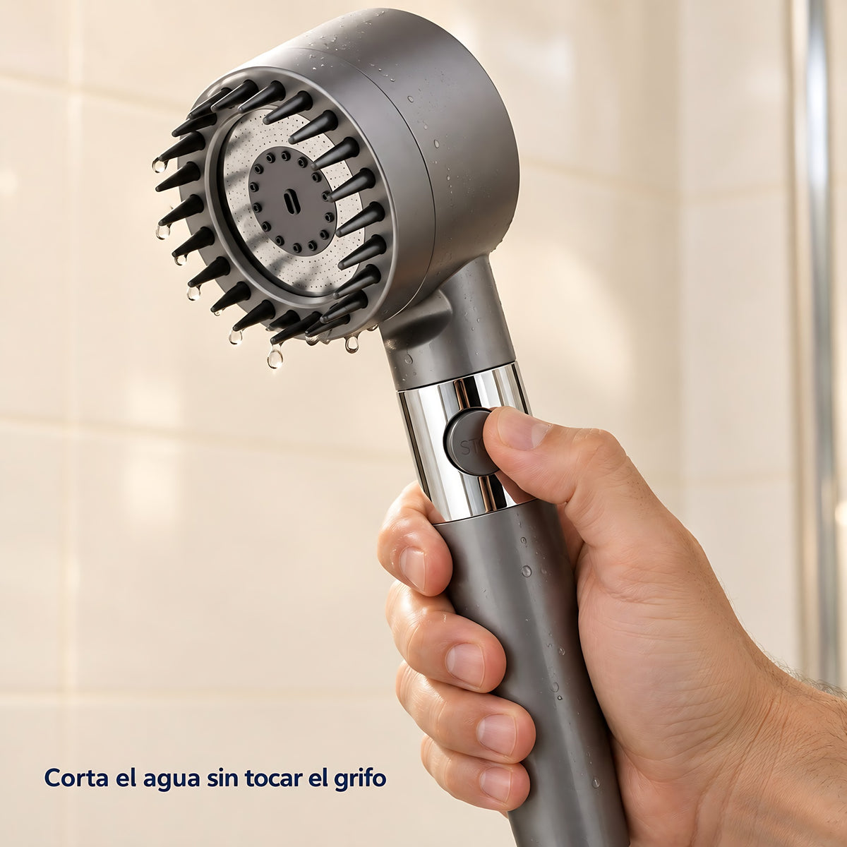 Pulgar pulsando el botón STOP: corta el agua sin tocar el grifo