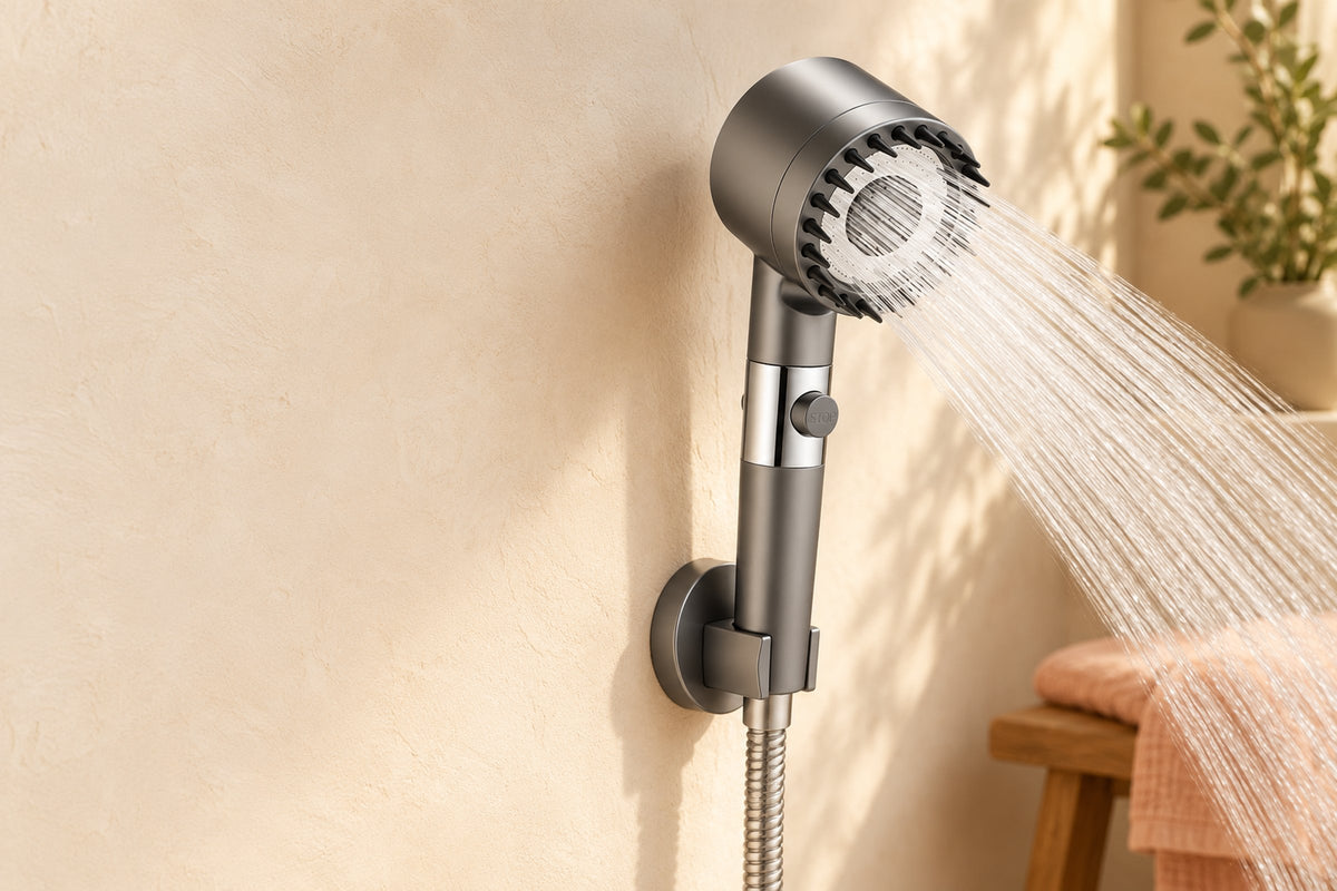 Ducha Mola gris en su soporte de pared echando agua en un baño soleado