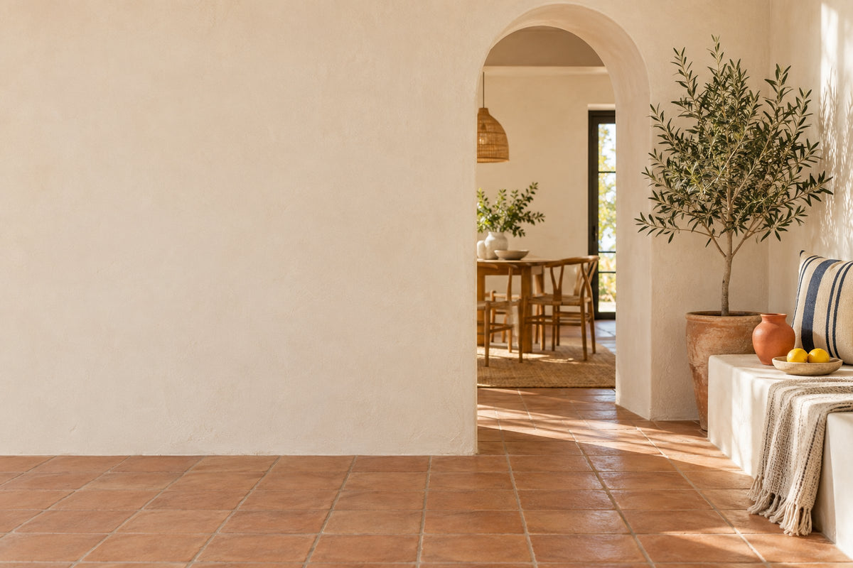Salón mediterráneo luminoso con paredes crema, arco, suelo de barro y olivo