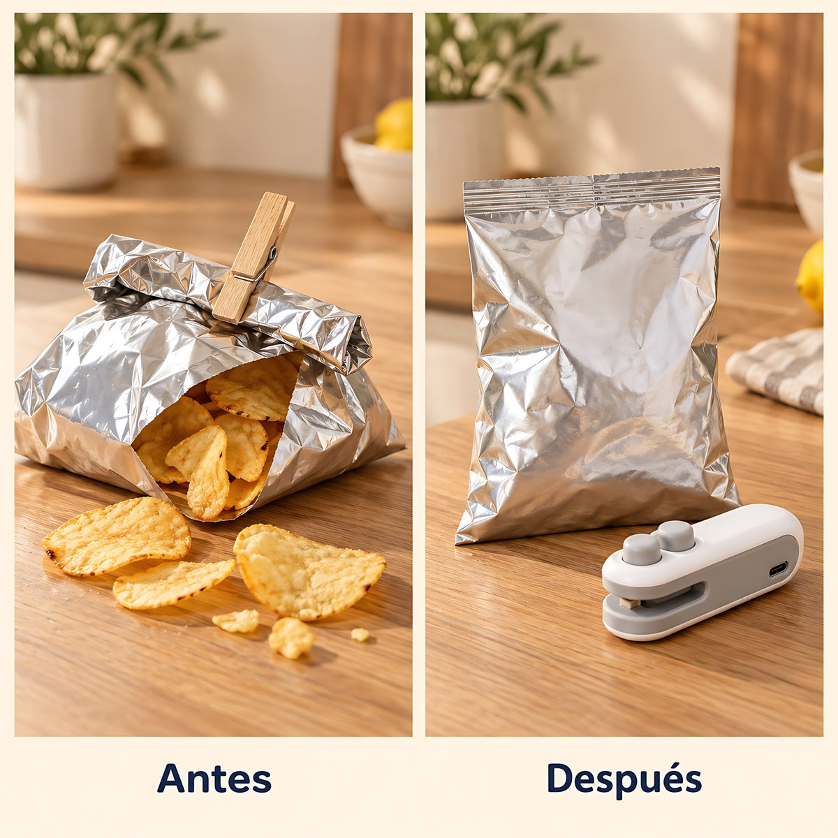 Mini selladora de bolsas recargable: antes y después