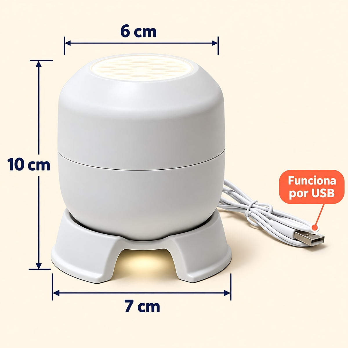 Medidas del proyector: 10 cm de alto, 6 cm de cabezal y 7 cm de base, funciona por USB