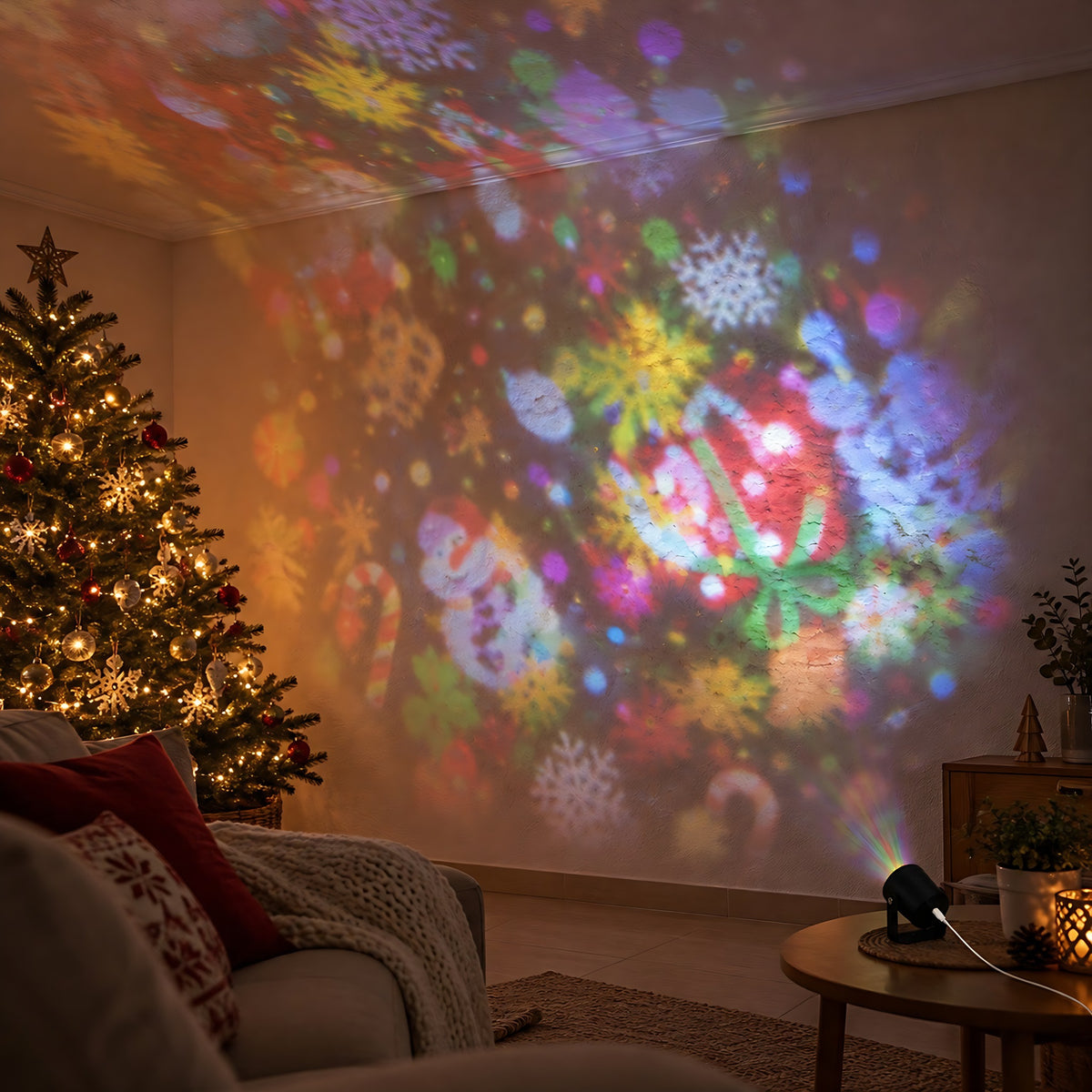Salón de noche con árbol de Navidad y dibujos navideños de colores proyectados en la pared y el techo