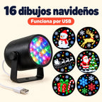 16 dibujos navideños: muñeco de nieve, reno, trineo, Papá Noel, regalo y copos. Funciona por USB