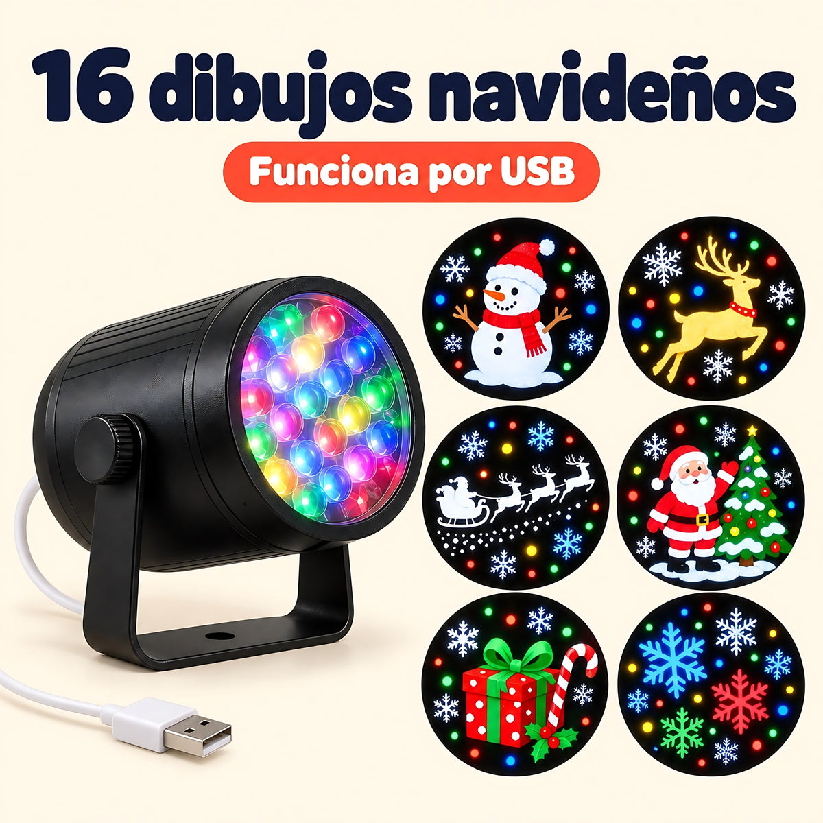16 dibujos navideños: muñeco de nieve, reno, trineo, Papá Noel, regalo y copos. Funciona por USB