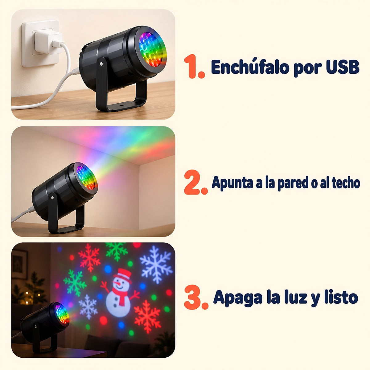 Cómo se usa: enchufarlo por USB, apuntar a la pared o al techo y apagar la luz